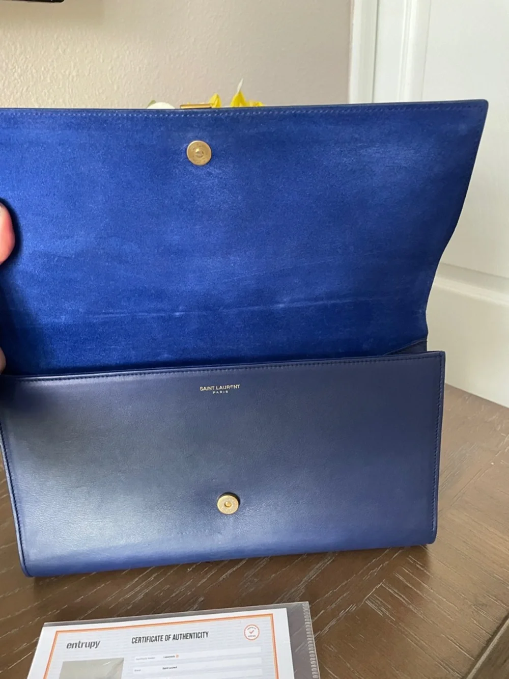 Yves Saint Laurent Deep Blue Leather Clutch with Gold Y Accent - Picture 4 of 5